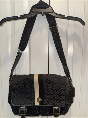 Coach Black Signature Messenger Bag with Cream Center Stripe